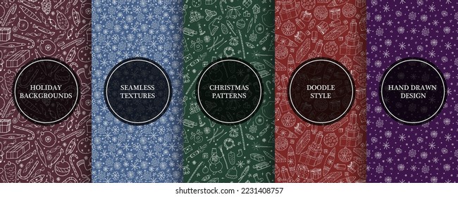 Collection of vector seamless christmas patterns - hand drawn festive design. Color drawing prints. Holiday endless celebration backgrounds in doodle style