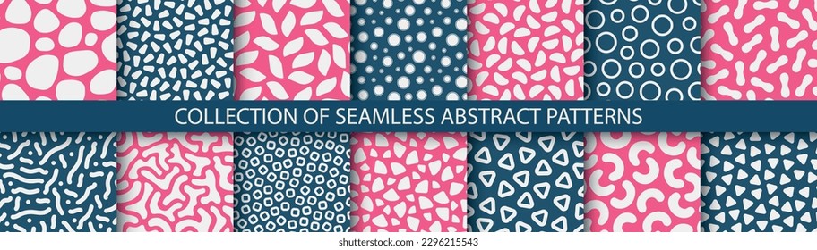 Collection of vector seamless color trendy patterns. Simple fabric prints with abstract shapes. Repeatable bright textures - unusual backgrounds.