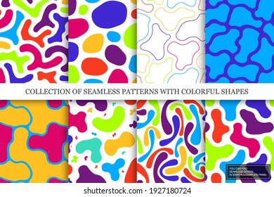 Collection of vector seamless colorful abstract patterns with creative shapes. Paint backgrounds. Drawing trendy endless textures. Multicolor modern design