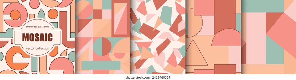 Collection of vector seamless colorful abstract patterns with creative geometric shapes. Peach trendy design, fashion retro style 80 - 90s. Artistic fun bright backgrounds. Vibrant fabric prints