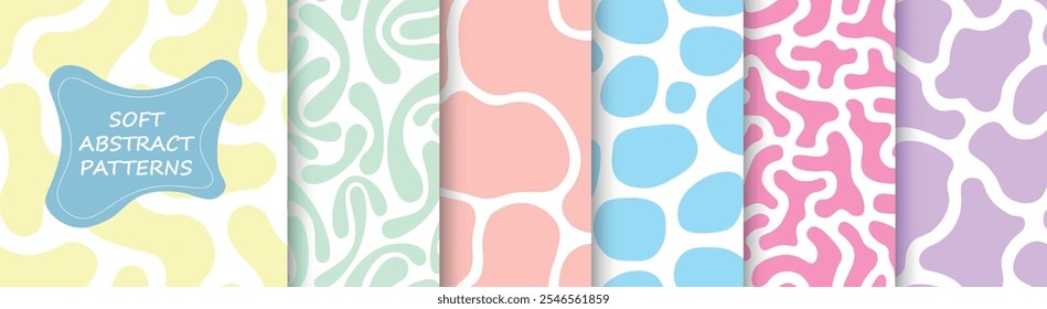 Sammlung von Vektornahtlosen bunten abstrakten Mustern mit kreativen geometrischen Formen. Trendy Design, Mode Retro Stil 80 - 90er Jahre. Künstlerisch helle Hintergründe. Lebendige Stoffdrucke