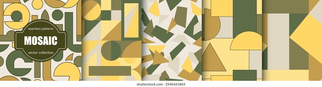 Collection of vector seamless colorful abstract patterns with creative mosaic geometric shapes. Trendy design, fashion retro style 80 - 90s. Artistic bright backgrounds. Vibrant fabric prints