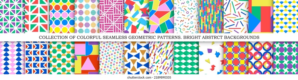 Collection of vector seamless colorful patterns - geometric design. Bright abstract fashion backgrounds, textile prints. Endless stylish mosaic tile textures