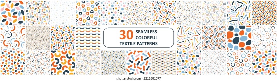 Colección de patrones de colores sin fisuras vectoriales con formas geométricas. Ambiente minimalista moderno y luminoso. Sencillas impresiones textiles inusuales. Diseño vibrante e interminable.