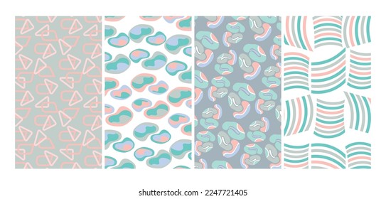 Collection of vector seamless colorful patterns with geometric shapes in minimalistic backgrounds. Simple unusual textile prints. Vibrant endless design.