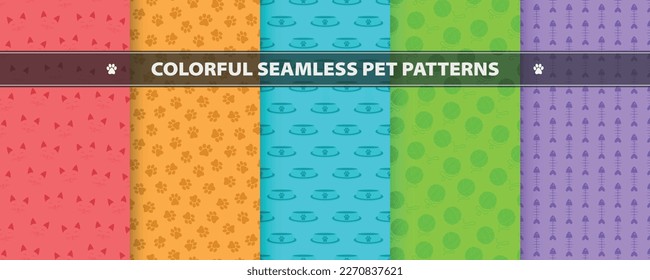 Collection of vector seamless colorful patterns with pet symbols. Bright cartoon backgrounds. Vibrant unusual covers