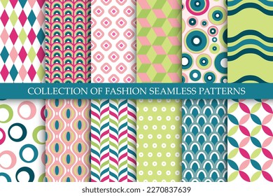 Collection of vector seamless colorful patterns. Trendy fashion bright backgrounds. Abstract unusual creative prints.