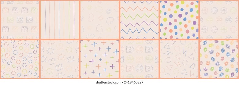 Collection of vector seamless colorful patterns - hand drawn geometric design. Minimalistic children drawing backgrounds. Textile endless cute prints