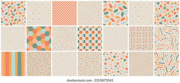 Collection of vector seamless colorful patterns. Color mosaic textures. Trendy delicate textile prints. Simple unusual design