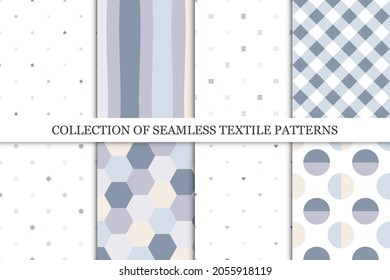 Collection of vector seamless delicate colorful patterns. Trendy elegant design. Simple fabric backgrounds, endless minimalistic prints