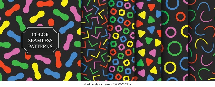 Collection of vector seamless funky patterns with colorful mosaic shapes. Trendy fashion children backgrounds. Abstract unusual creative bright prints.