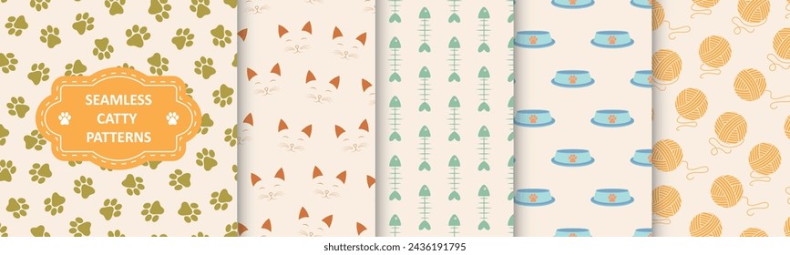 Collection of vector seamless funky patterns with pet symbols - drawing design. Color cute cats backgrounds