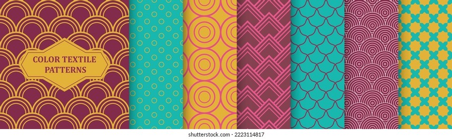 Colección de patrones de colores geométricos sin fisuras vectoriales - diseño clásico elegante. Ornamental repetible fondo funky vintage. Impresiones retro interminables.