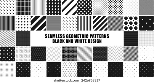 Collection of vector seamless geometric minimalistic patterns in different styles. Monochrome repeatable backgrounds. Endless black and white prints. Dotted and striped textures