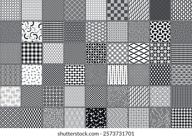 Collection of vector seamless geometric ornament patterns in different styles. Monochrome repeatable backgrounds. Endless black and white prints, quality fabric textures