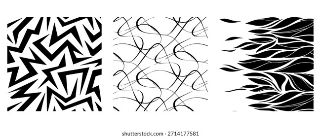 Colección de patrones de adornos geométricos sin costuras de Vector en diferentes estilos. Fondos repetibles monocromáticos. Impresiones interminables en blanco y negro, texturas textiles