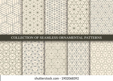 Collection of vector seamless geometric ornamental patterns. Trendy beige oriental backgrounds. Tile mosaic design.