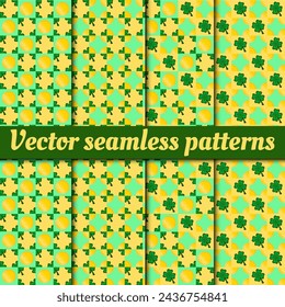 Collection of vector seamless geometric pattern for St. Patrick's Day. Gold coins and clover.