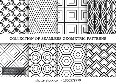 Collection of vector seamless geometric patterns. Monochrome repeatable backgrounds. Simple black and white textures. You can find endless design in swatches panel.