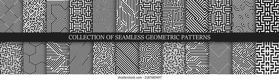 Collection of vector seamless geometric patterns. Striped black and white abstract backgrounds. Monochrome linear textures. Endless unusual prints.