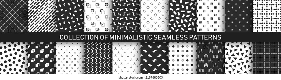 Collection of vector seamless geometric patterns - monochrome textures. Modern stylish textile prints. Minimalistic endless black and white backgrounds