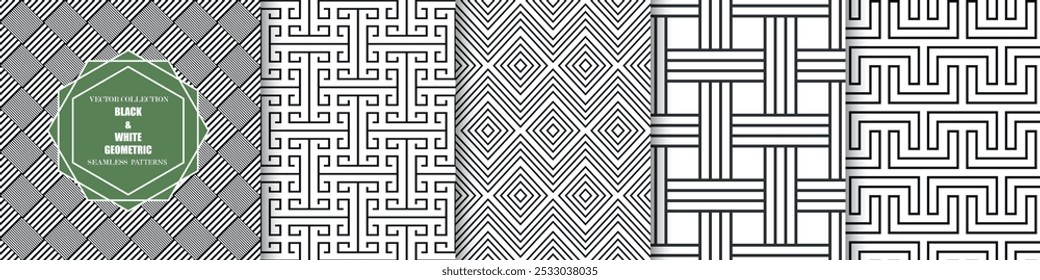 Colección de patrones geométricos sin costuras de Vector. Fondos creativos abstractos a rayas en blanco y negro. Texturas lineales monocromáticas. Impresiones inusuales interminables