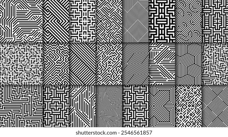 Colección de patrones geométricos sin costuras de Vector. Fondos abstractos en blanco y negro a rayas. Texturas lineales monocromáticas. Impresiones inusuales interminables