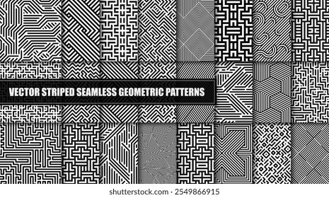 Colección de patrones geométricos sin costuras de Vector. Fondos abstractos en blanco y negro a rayas. Texturas lineales monocromáticas. Impresiones inusuales interminables