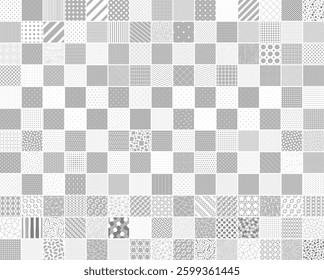 Collection of vector seamless geometric patterns in different styles. White and gray repeatable unusual minimalistic prints. Striped, dotted, mosaic, drawing backgrounds