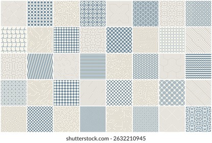 Collection of vector seamless geometric patterns. Color repeatable backgrounds. Striped and tile mosaic monochrome textures, textile prints