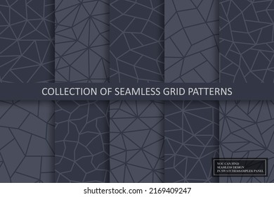 Colección de patrones poligonales geométricos sin fisuras vectoriales - diseño oscuro elegante. Fondo ornamental abstracto gris. Impresiones de moda de mosaico