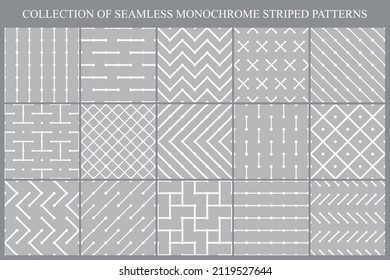 Kollektion von vektornahtlosen geometrischen Streifen Muster. Graue, wiederholbare Hintergründe. Moderne, stylische, endlose, monochrome Drucke