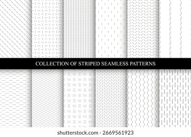 Colección de patrones de rayas geométricas sin costuras de Vector. Fondos minimalistas abstractos blancos y grises con textura de línea Pequeña. Impresiones inusuales monocromáticas sin fin