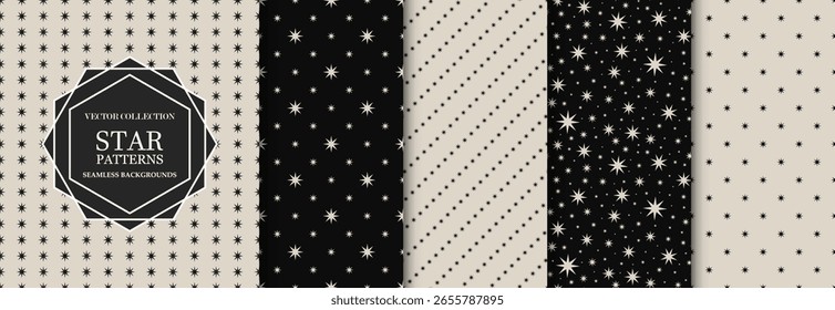 Collection of vector seamless minimalistic star patterns. Modern stylish unusual prints. Monochrome repeatable simple black and beige backgrounds