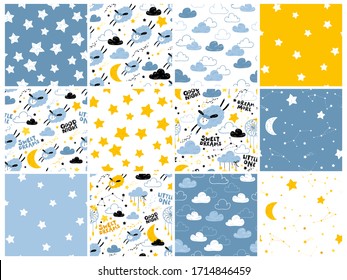 Collection Vector seamless pattern with cute sheep moon clouds. Night nursery background. For children, clothes, fabrics, textiles, wrapping paper, wallpaper, scrapbooking, etc.