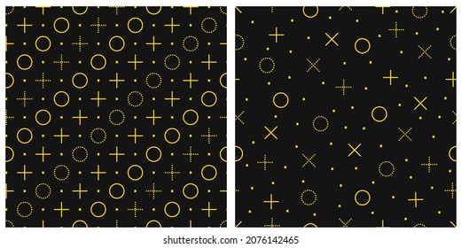 Collection of vector seamless patterns. Abstract placement of gold circles, dots, crosses, plus signs on a black background. 
