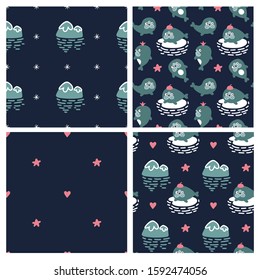 Collection of vector seamless patterns with cartoon seals, ice and dark north sky for element of children room interior