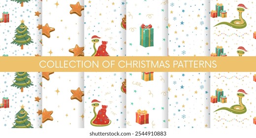 Collection of vector seamless patterns with Chinese symbol of the New Year 2025 - snake, christmas tree, gift boxes and snowflakes, Christmas design, flat style