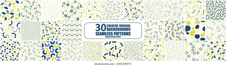 Collection of vector seamless patterns with colorful mosaic shapes. Bright trendy backgrounds - fashion retro design 80-90s. Stylish textile endless prints