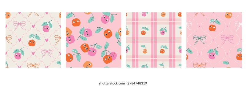 A collection of vector seamless patterns with cute cherries and bows. Perfect for children's textiles, bedding, wallpaper, wrapping paper, and romantic decor.