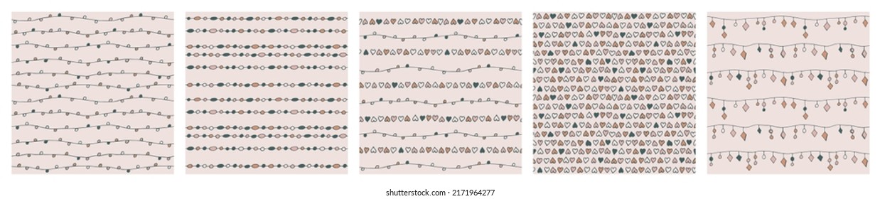 Collection of vector seamless patterns of hand drawn beads, hearts, garlands. Set of abstract background from decorative doodle elements. Modern trendy print for textiles, fabric