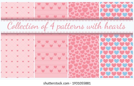 collection of vector seamless patterns with hearts in pastel colours