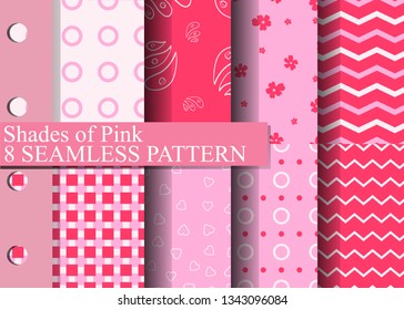 Collection vector seamless patterns. Love theme. Shades of pink colors. Design for scrapbook pages, fabric, wallpaper, web background, cards, prints of baby goods, room decor, wrapping.