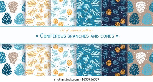 Collection of vector seamless patterns on the theme of fir cones and branches. Perfect for decoration and printing on fabric.