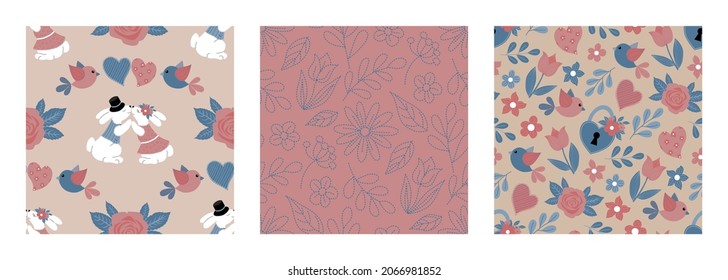 Collection of vector seamless patterns on the theme of romance, love. For textiles and packaging.