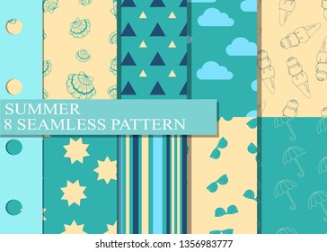 Collection vector seamless patterns. Sea theme. Yellow, green colors. Summer theme. Design for scrapbook pages, fabric, wallpaper, web background, cards, prints of baby goods, room decor, wrapping.