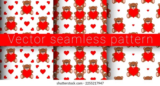 Collection of vector seamless patterns. Teddy bear with a heart.