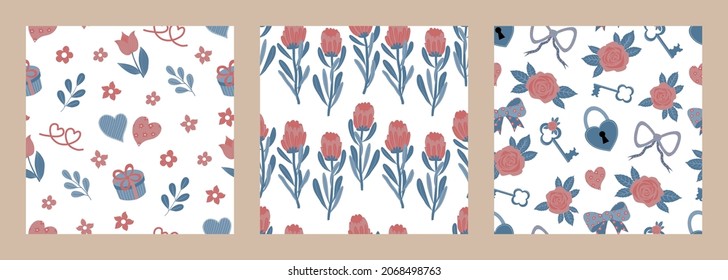 A collection of vector seamless patterns for textiles and packaging. The theme of the collection is romance and love.