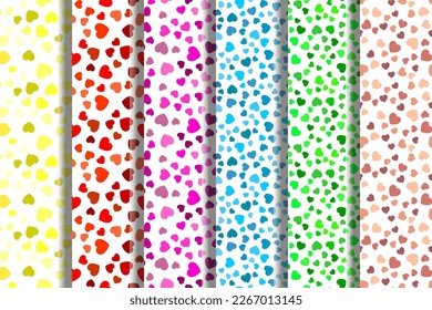 Collection of vector seamless patterns of yellow, red, pink, blue, green, beige hearts for websites, wallpapers, clothes, wrapping, printing 