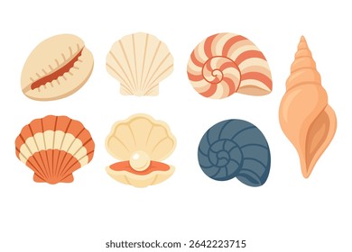 Collection of vector seashells in soft cartoon style. Perfect for summer projects, marine decor and beach designs.